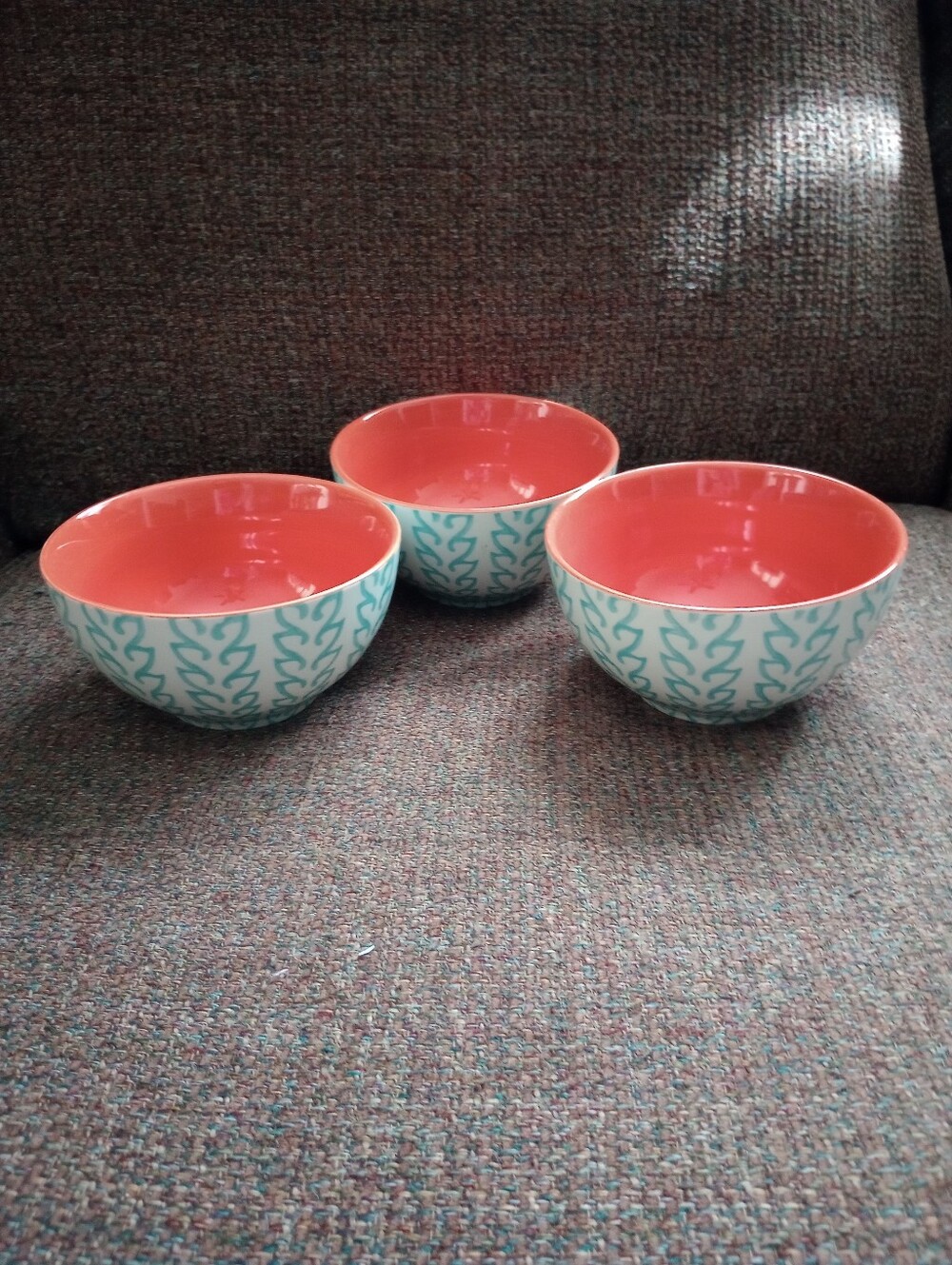 Baum Tangiers Pattern Orange/Turquoise Soup Cereal Bowls-Set Of 3